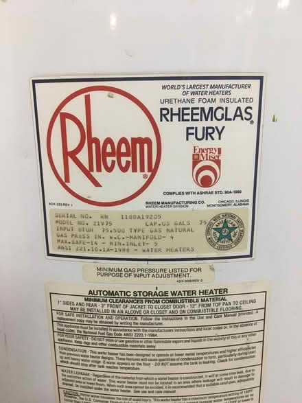 Photo of free Working Rheem NG Water Heater 75Gal (Tiburon - near Corte Madera) #2