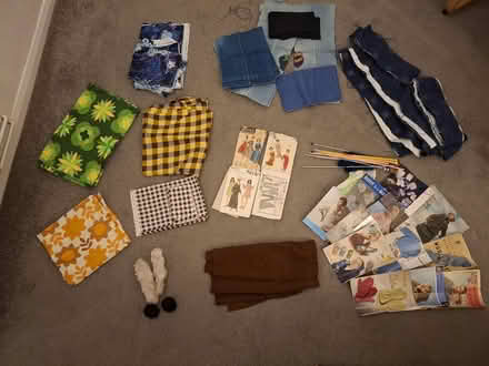 Photo of free Assortment of vintage fabrics, patterns, and knitting things (New Marston OX3) #1