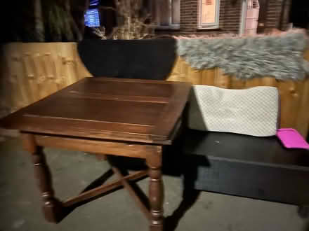 Photo of free Old oak table needs lot sanding on top - ok for garden/ allotment DIY enthusiasts Black wicke outside coffee table glass top ( ok condition)TW75BZ (Brentford TW7) #2