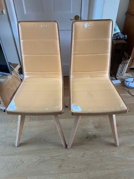 Photo of free 2 dining chairs - sturdy frame, worn fabric, warm yellow (Botley OX2) #1