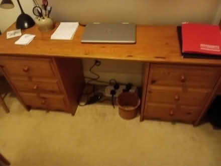 Photo of free Rosewood dining table and 8 chairs, small 1,20m double bed, small pine coffee table, pine 6 drawers desk, living room bar unit with display cabinet (Hanworth TW13) #3