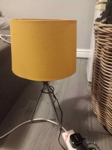 Photo of free Yellow lamp with silver metal tripod legs. In working order, but one socket prong slightly bent so needs to be pushed into electric socket for connection (Tilehurst RG30) #1