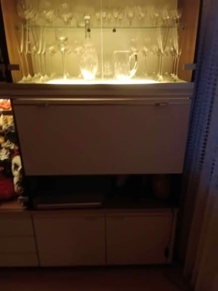 Photo of free Rosewood dining table and 8 chairs, small 1,20m double bed, small pine coffee table, pine 6 drawers desk, living room bar unit with display cabinet (Hanworth TW13) #4