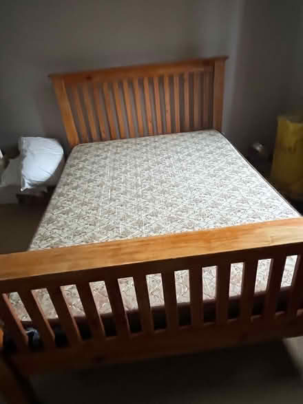 Photo of free 2x double beds and mattresses; a single bed, with drawers and mattress; packing boxes, including about 4 hanging wardrobes; and a standard lamp. (Spurstow CW6) #2