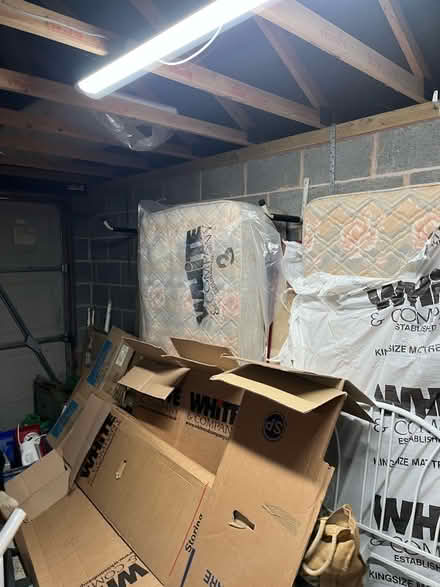 Photo of free 2x double beds and mattresses; a single bed, with drawers and mattress; packing boxes, including about 4 hanging wardrobes; and a standard lamp. (Spurstow CW6) #3