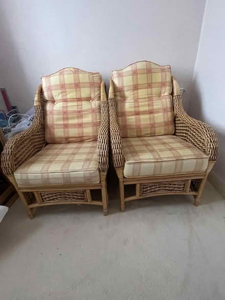 Photo of free Pair of high backed cane chairs with cushions (Erith DA17) #1