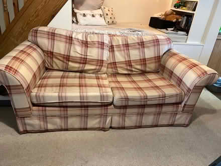 Photo of free Cream and red checked sofa (Biddulph Moor) #1