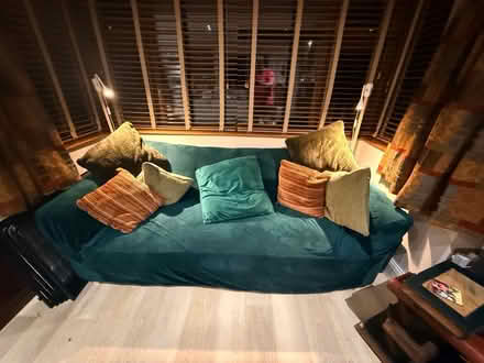 Photo of free Sofa - grey with green cover (Leatherhead KT22) #1