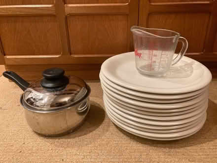 Photo of free Kitchen items (plates, pan/pot, measuring cup) (Skaters' Meadow CB3) #1