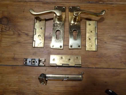 Photo of free Brass external Door Handle, Security Bar and 3 Hinges. (Whydown TN39) #1