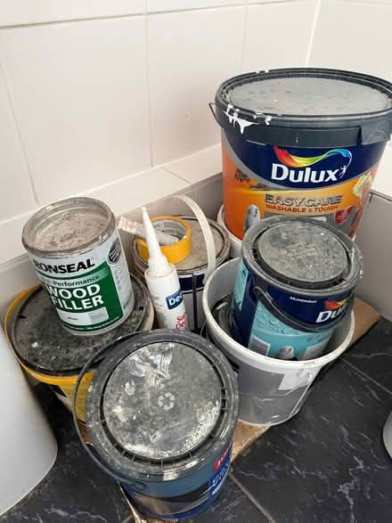 Photo of free 6 buckets of paint and wood filler (Earlsfield SW18) #1