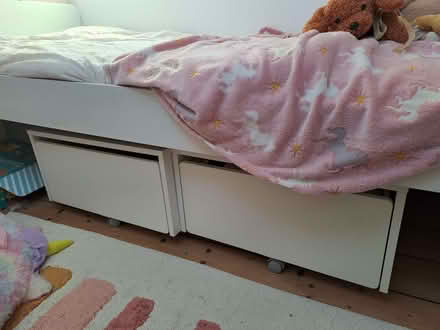 Photo of free Ikea single sklat bed with two under bed drawers on wheels (Shacklewell N16) #2