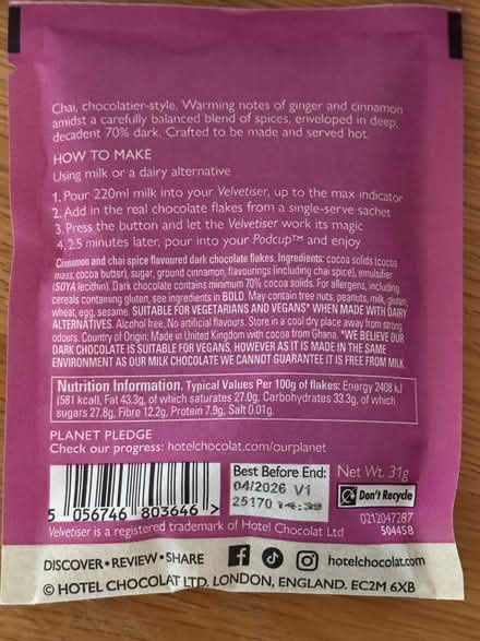 Photo of free Hotel Choclat Hot Drinking chocolate (various flavours) (Langham NR25) #4