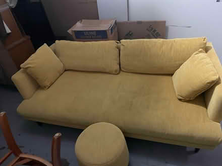 Photo of free Yellow Fabric Couch and Footstool (Mundelein) #1