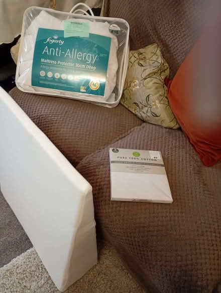 Photo of free Wedge shaped pillow, + extra cover; sgl mattress protector (Bradway S17) #1