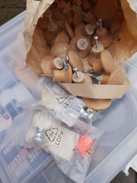 Photo of free Bag of 2 glass and 30 wooden cabinet knobs (Littlehampton BN17) #1