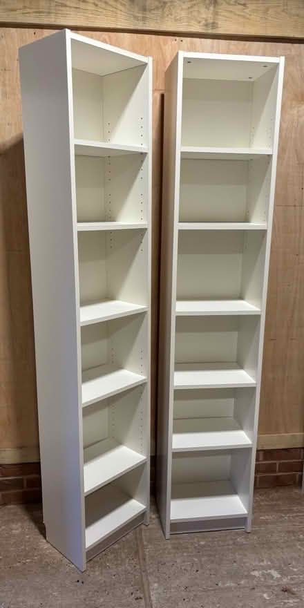 Photo of free 2x Tall white bookshelves (Little Whelnetham) #1