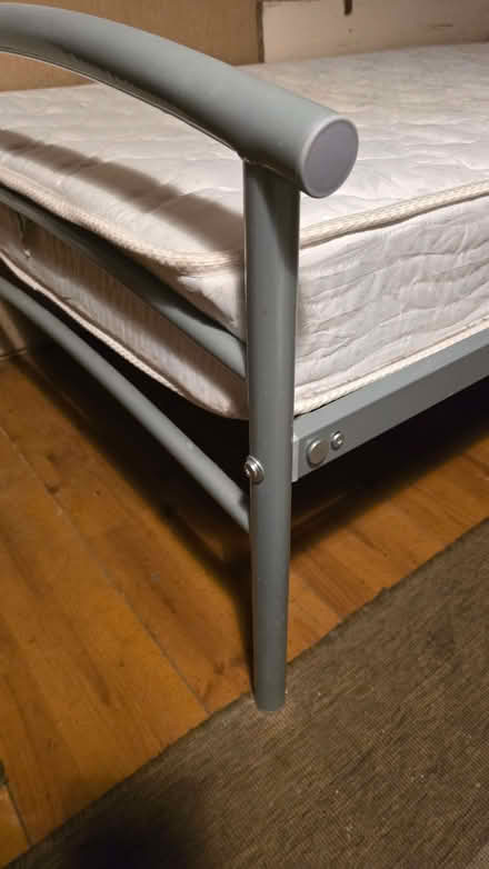 Photo of free Single bed metal frame mattress included - Grey, missing scr (Brunstane EH15) #2