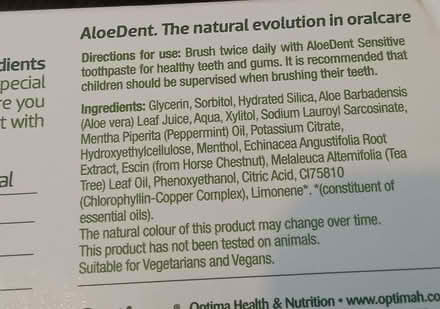 Photo of free Aloe Dent, sensitive toothpaste, fluoride (Westbury Fields BS9) #3
