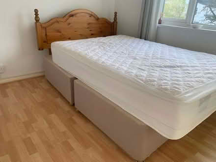 Photo of free Headboard, Double bed base unit and mattress (Chiswick W4) #1