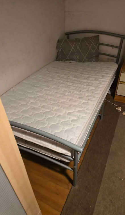 Photo of free Single bed metal frame mattress included - Grey, missing scr (Brunstane EH15) #1