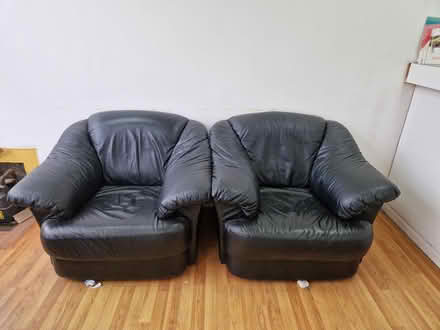 Photo of free Black leather sofa + 2 armchairs (Dundonald SW20) #2