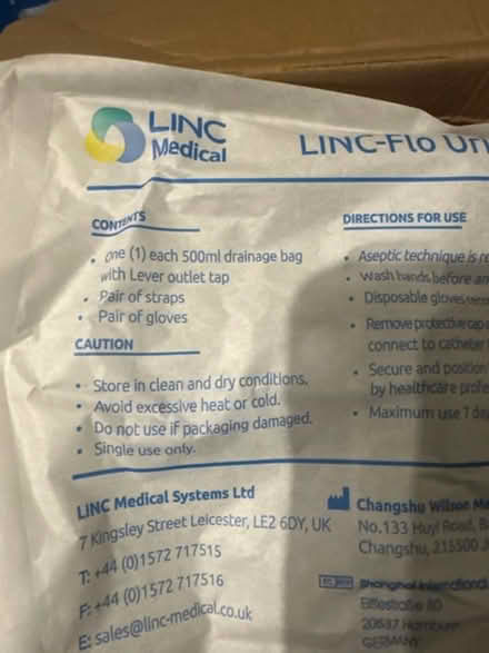 Photo of free Box of LINC-Flo 500ml sterile leg bags with lever tap and di (Little Waltham CM3) #1