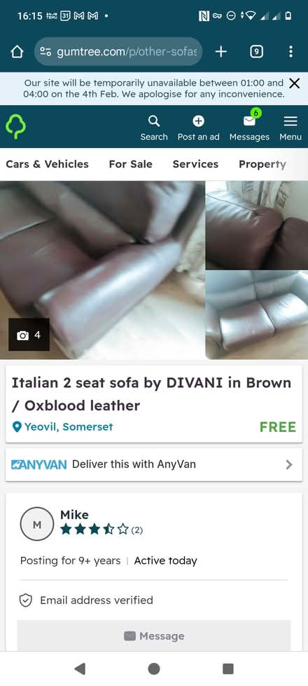 Photo of free Double leather sofa burgundy (Yeovil) #1