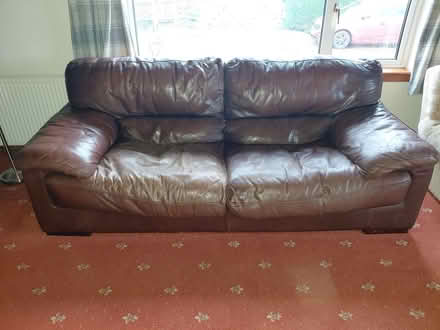 Photo of free Large 3 seater leather sofa. Has fire labels (Allanton TD11) #1