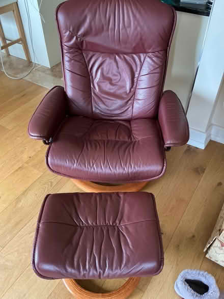 Photo of free Burgundy stressless reclining chair and stool (Greywell RG29) #1