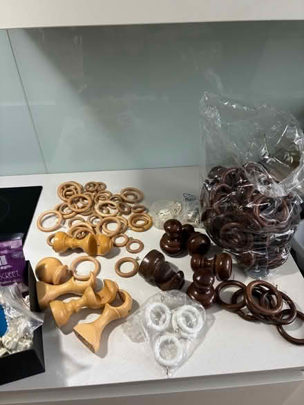 Photo of free Wooden curtain rings, curtain pole fixtures, plastic curtain (St Margarets TW1) #1