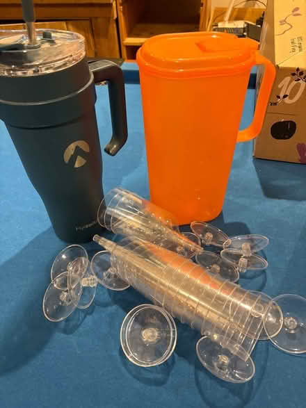 Photo of free Jug, big drinking mug, plastic wine glasses (Greaves LA1) #1