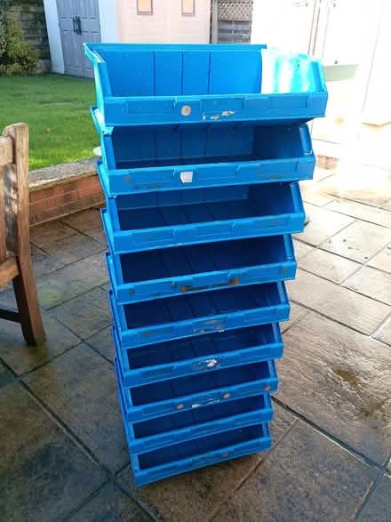Photo of free 9x large stacking storage bins for shed/garage/workshop (Knaresborough HG5) #1