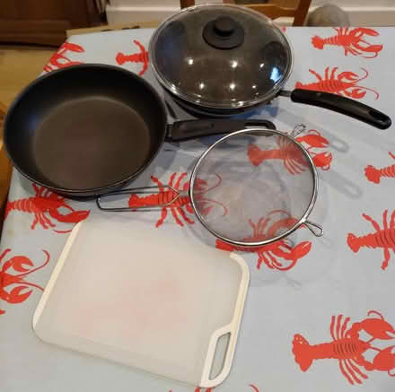 Photo of free Frying pan, sieve + chopping board (Rodborough GL5) #1
