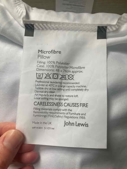 Photo of free 2x Microfibre pillows John Lewis (Kingston Gate KT2) #1