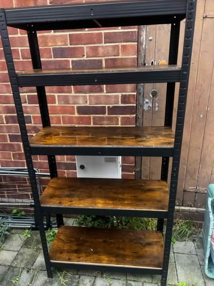 Photo of free Tall wood shelves (Colliers wood) #1