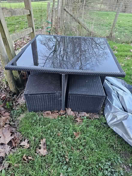 Photo of free Glass top garden table, chairs and stools (Mortimers Cross HR6) #2