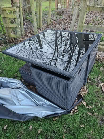 Photo of free Glass top garden table, chairs and stools (Mortimers Cross HR6) #1