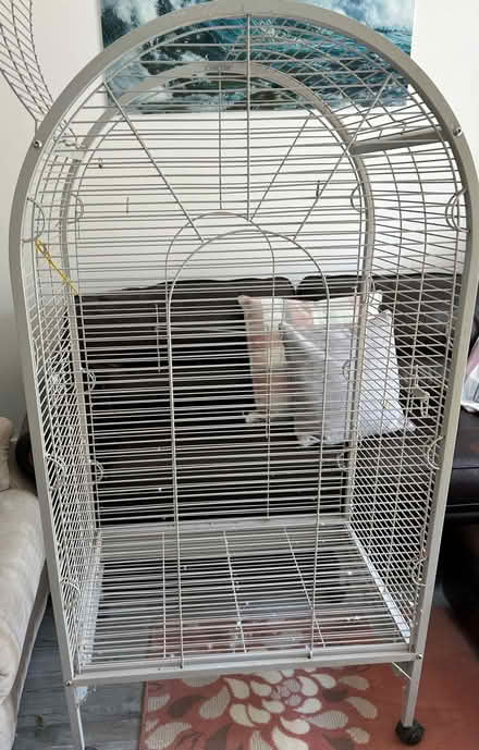 Photo of free Large bird cage on wheels with perches and 2 lampshades (Ancells Farm GU51) #1