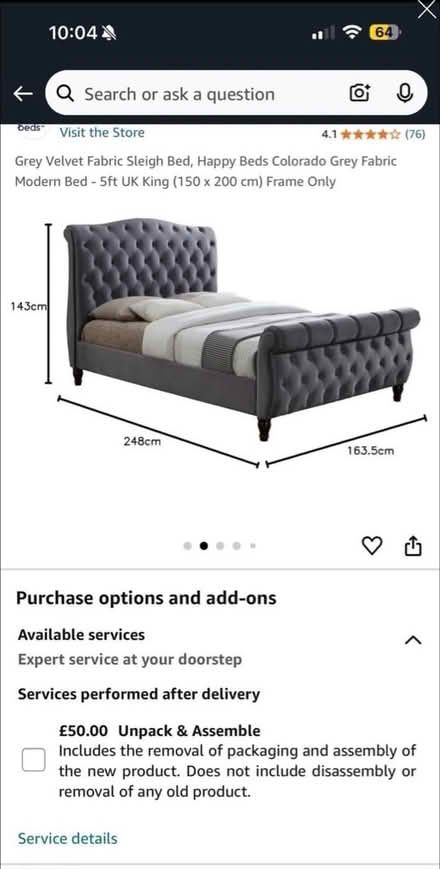 Photo of free King Size Grey Velvet Bed Frame (Whitton) #3