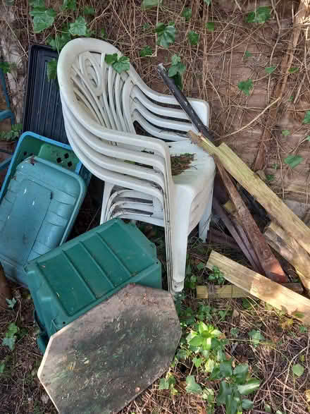 Photo of free x4 white plastic patio chairs (Bare LA4) #1
