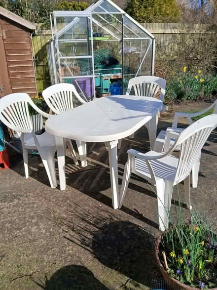 Photo of free White garden furniture table and 5 chairs (Hummersknott DL3) #1