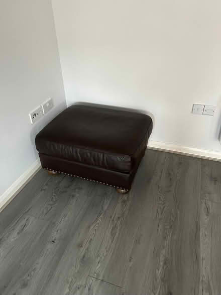 Photo of free Two seater brown leather reclining sofa plus footstool (Benslow SG4) #2