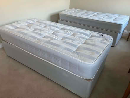 Photo of free Pair of blue divan twin beds with mattresses with fire label (Church Icomb GL54) #2