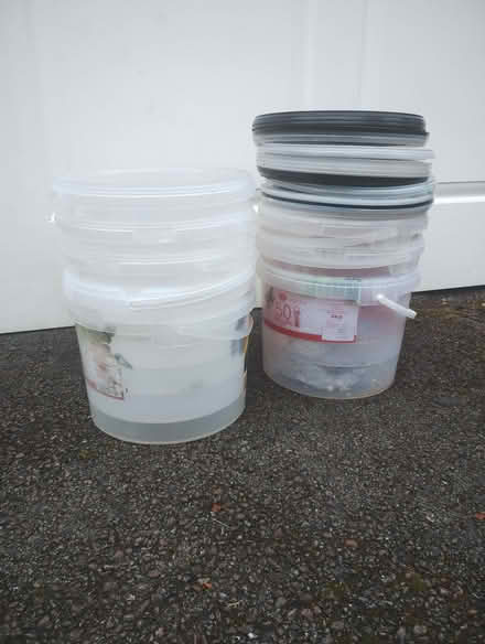 Photo of free Empty bird seed tubs with lids (20cmtall 25cms diameter) (Leckhampton GL53) #1