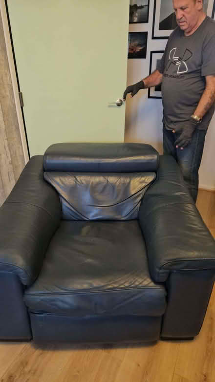 Photo of free blue leather sofa and armchair (Bracklesham PO20) #2