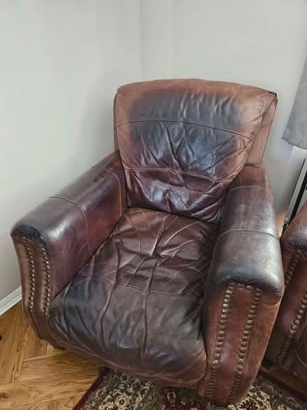 Photo of free 3 piece leather suite - 3-seater sofa, armchair and footstoo (Fields End HP1) #1