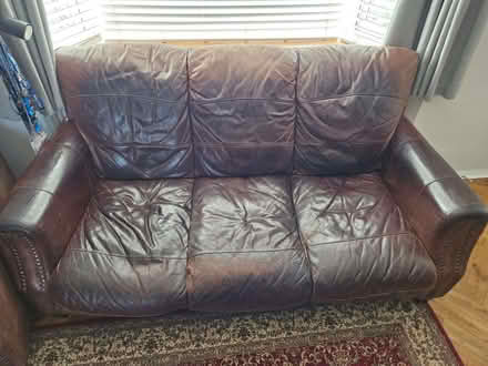 Photo of free 3 piece leather suite - 3-seater sofa, armchair and footstoo (Fields End HP1) #2