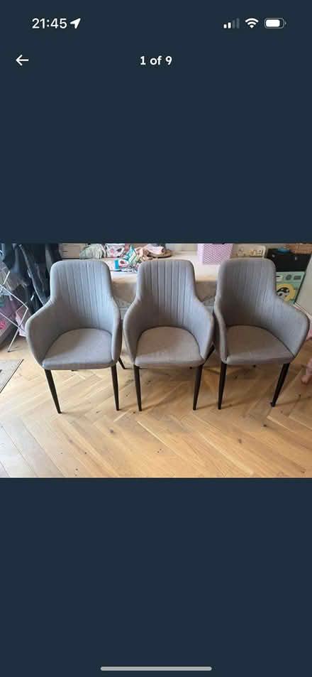 Photo of free 3 Grey upholstered dining chairs (KT15 3TZ) #1