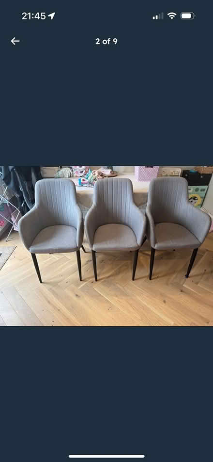 Photo of free 3 Grey upholstered dining chairs (KT15 3TZ) #3